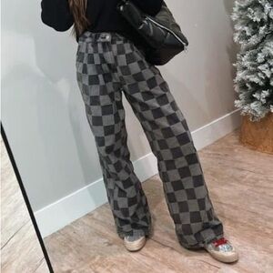 Checkered Black and Gray Flare Jeans